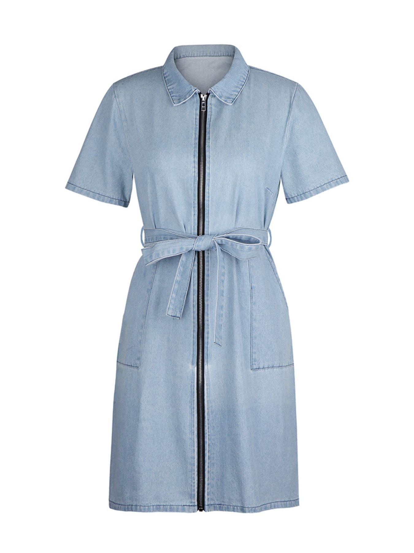 Zip-Front Short Sleeve Denim Dress by Yolan House