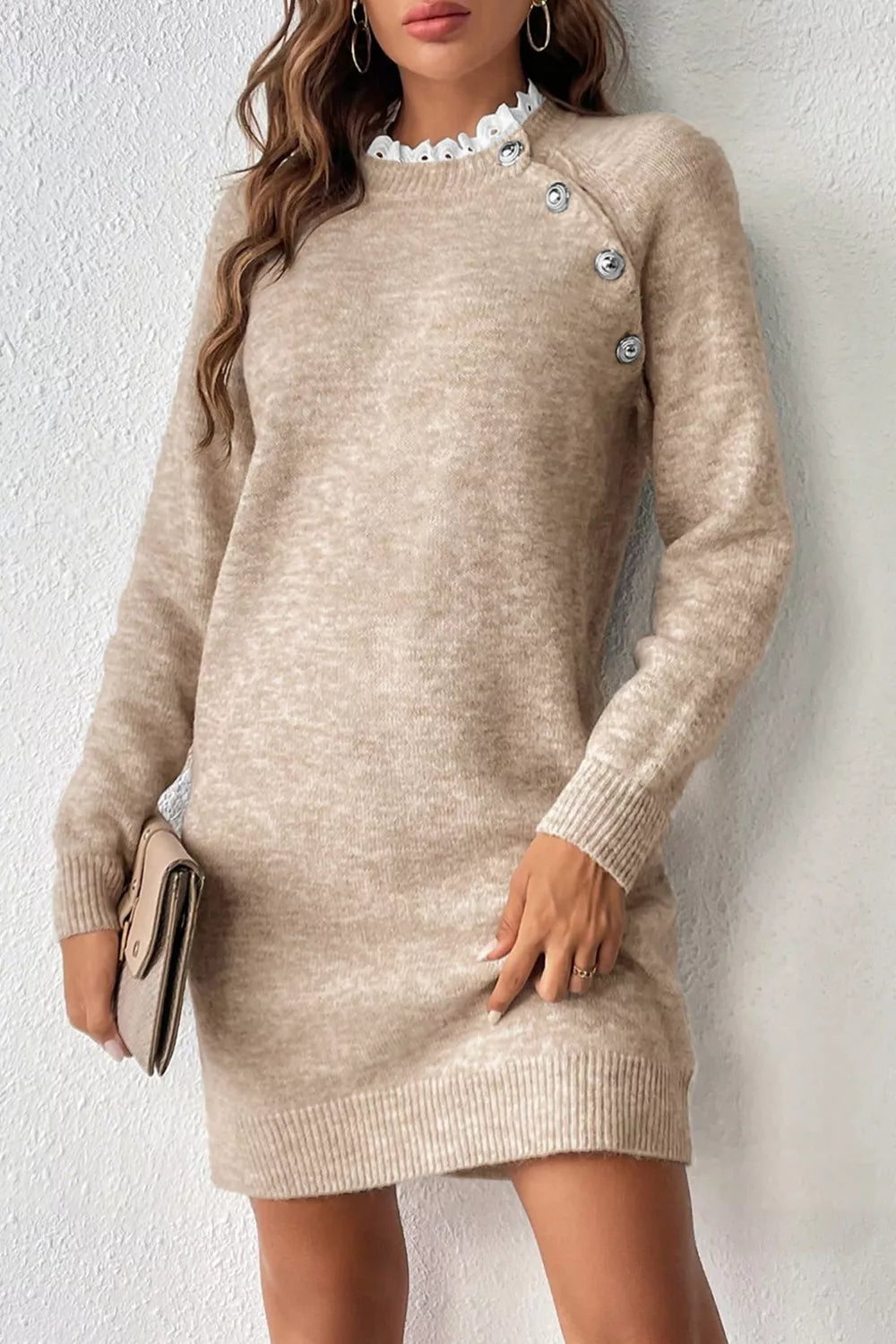 Ribbed Hem Raglan Sleeve Sweater Dress in Tan