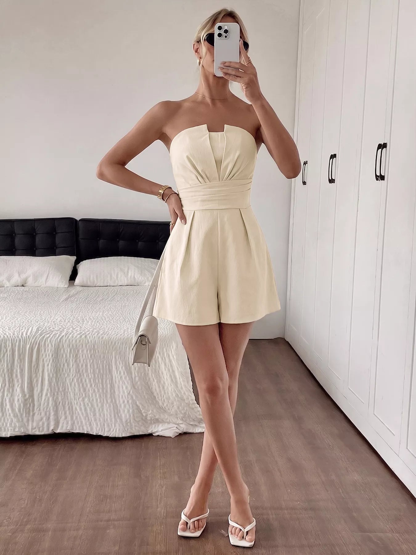 Strapless Pleated Detail Romper in Apricot