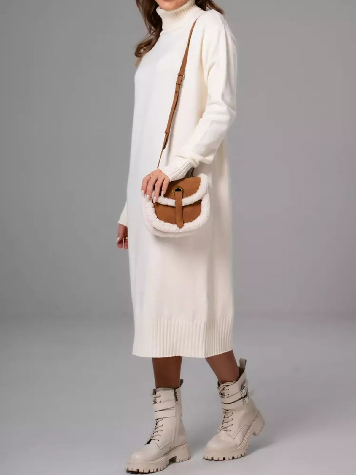 Relaxed Fit Turtleneck Ribbed Knit Sweater Dress