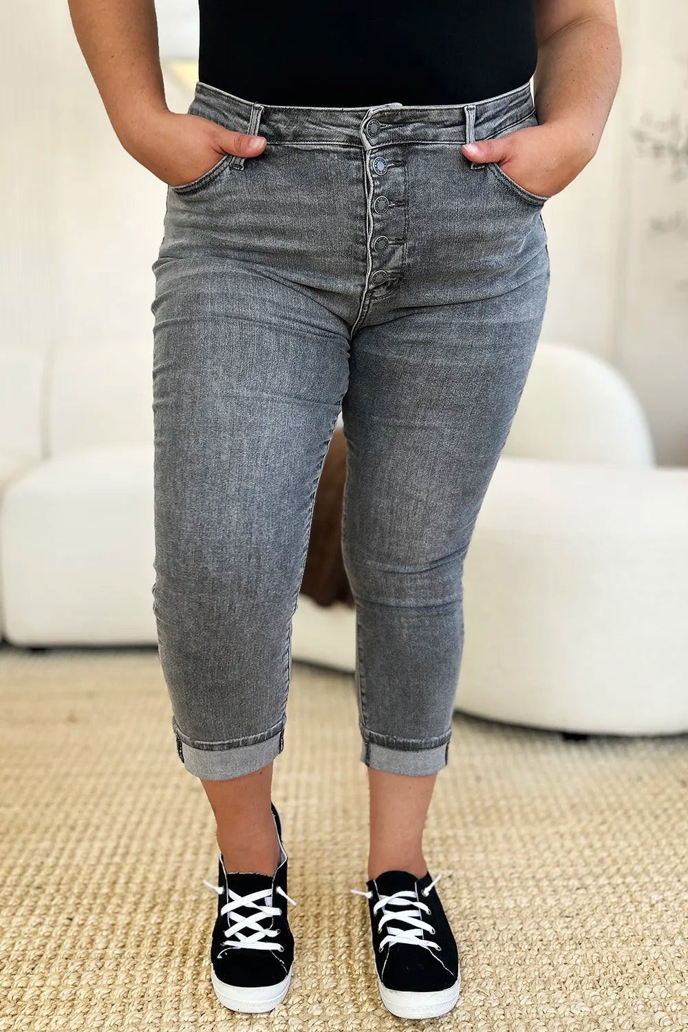 Judy Blue Button Fly High Waist Cuffed Capris in Gray