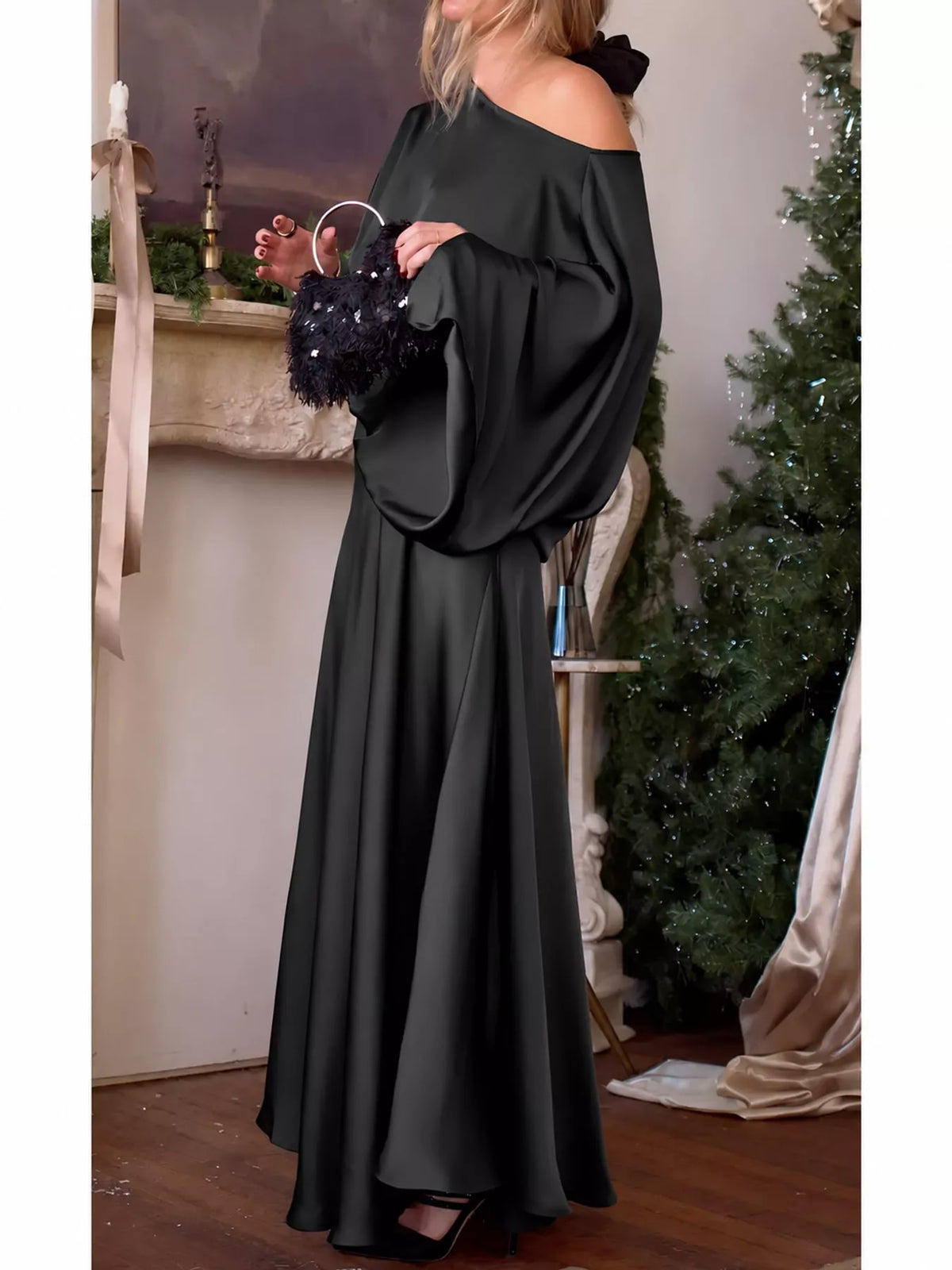 Satin Cape-Sleeve Maxi Dress