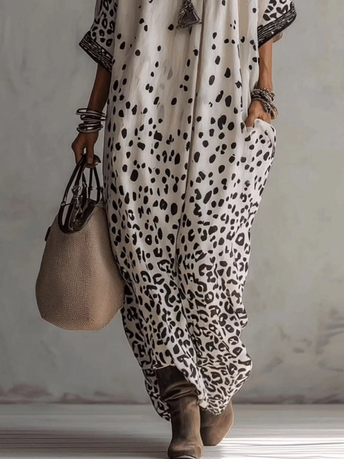 Leopard Print V-Neck Maxi Dress in White