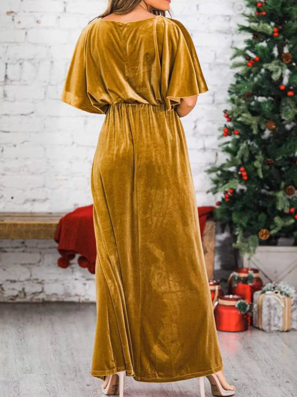Flutter-Sleeve Velvet Maxi Dress