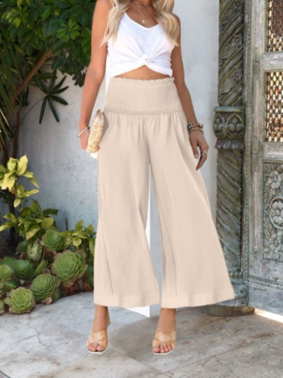 Smocked Waist Wide Leg Pants