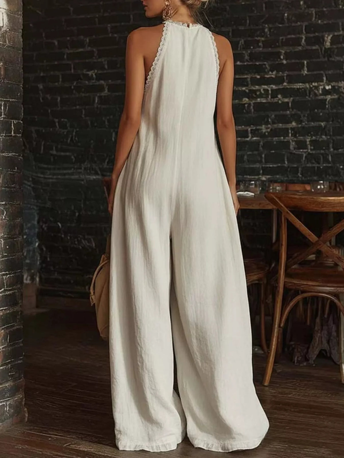 Halter Neck Lace-Trim Wide-Leg Jumpsuit
