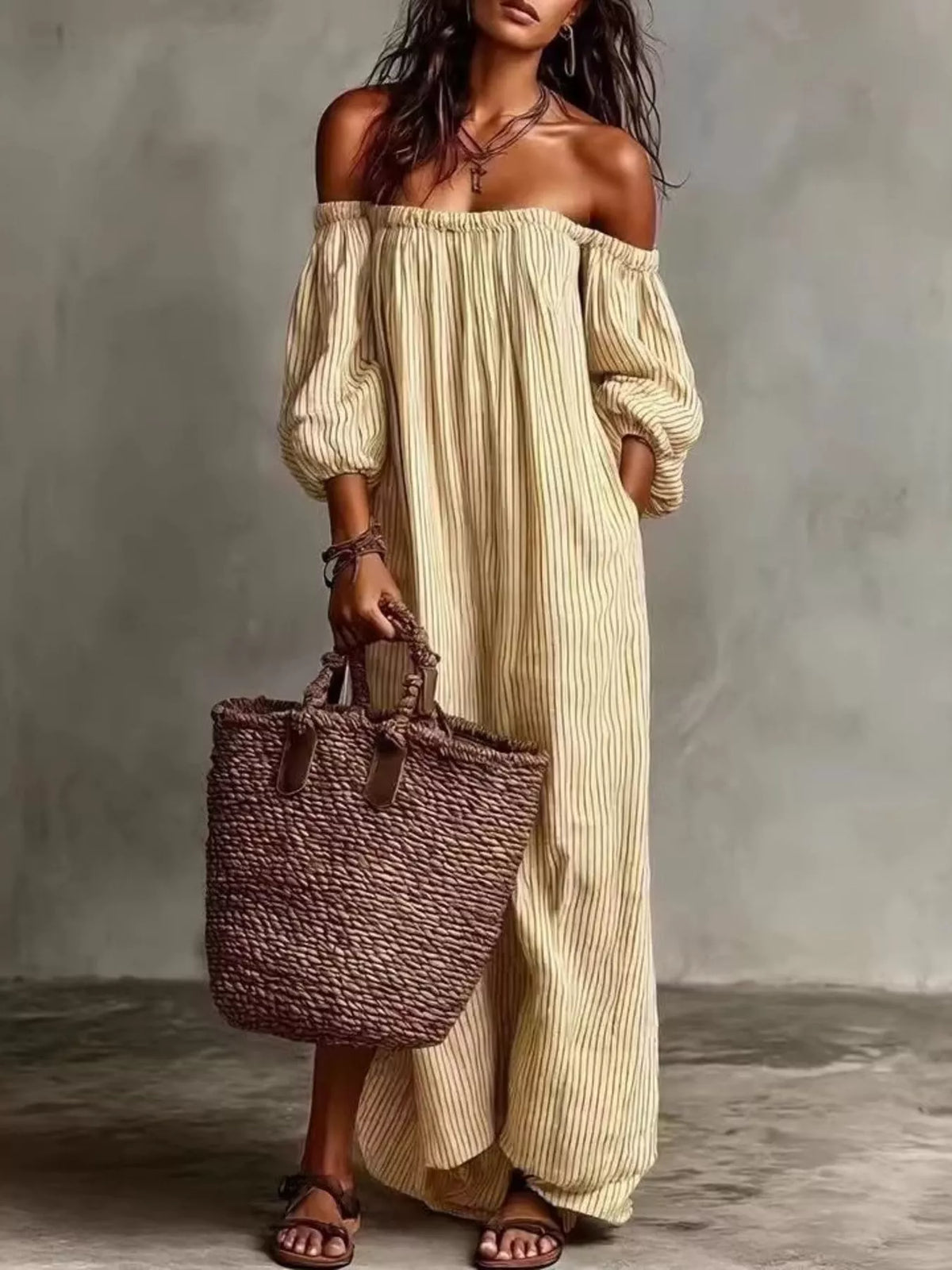 Off-Shoulder Striped Maxi Dress with Puff Sleeves