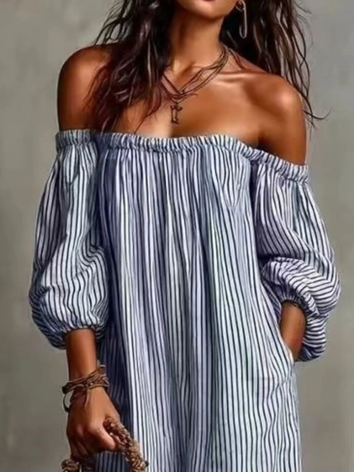 Off-Shoulder Striped Maxi Dress with Puff Sleeves