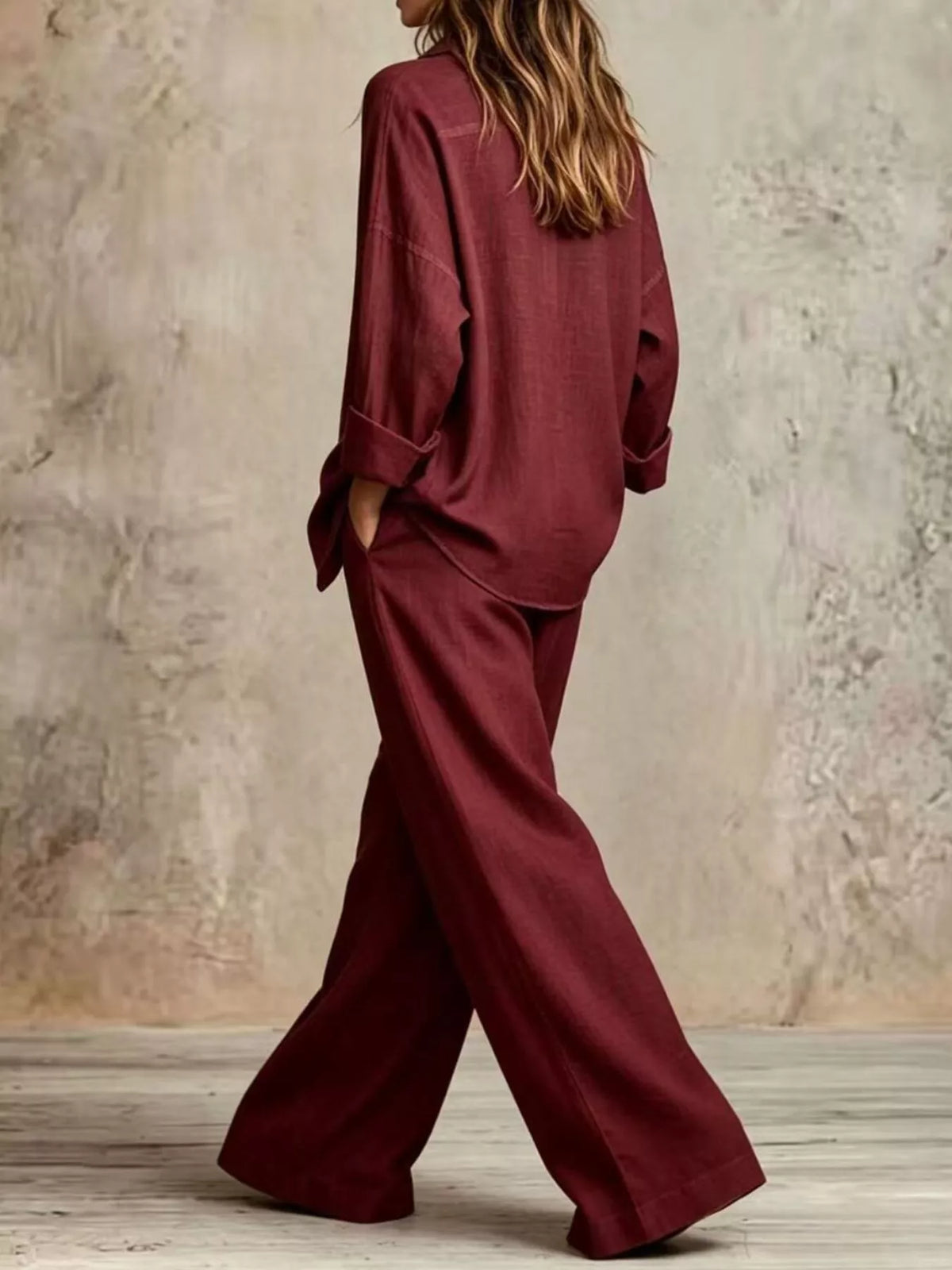 Button-Down Shirt and Wide-Leg Pants Set