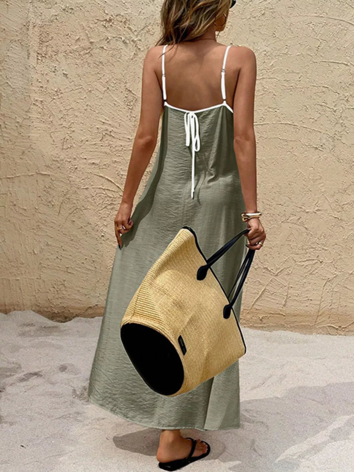 Spaghetti Strap Maxi Dress with Contrasting Trim in Olive