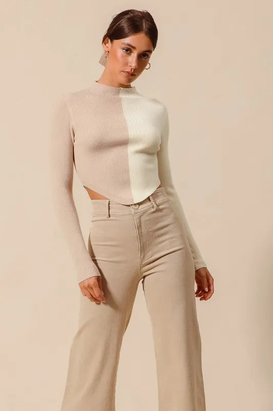 Ilussa Color Block Fitted Crop Sweater Top in Taupe & Ivory in Taupe/ivory