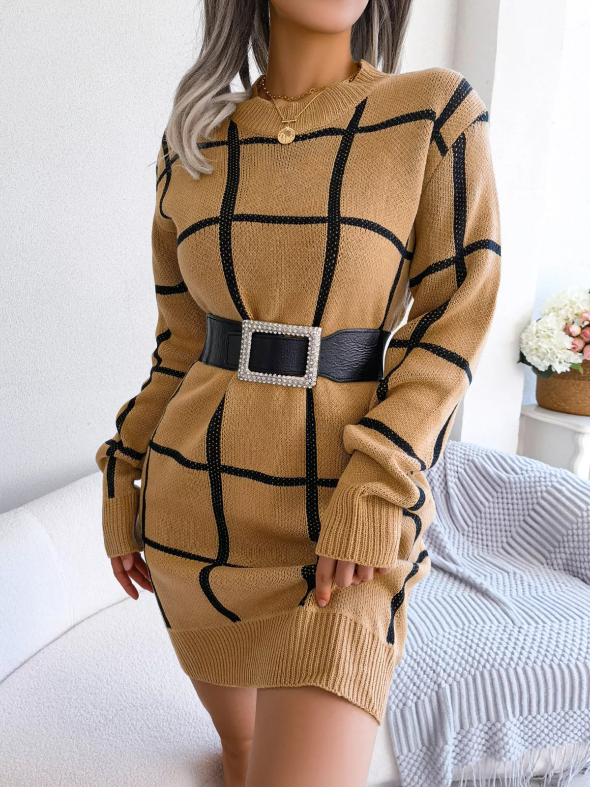 Plaid Long Sleeve Sweater Dress by Clise