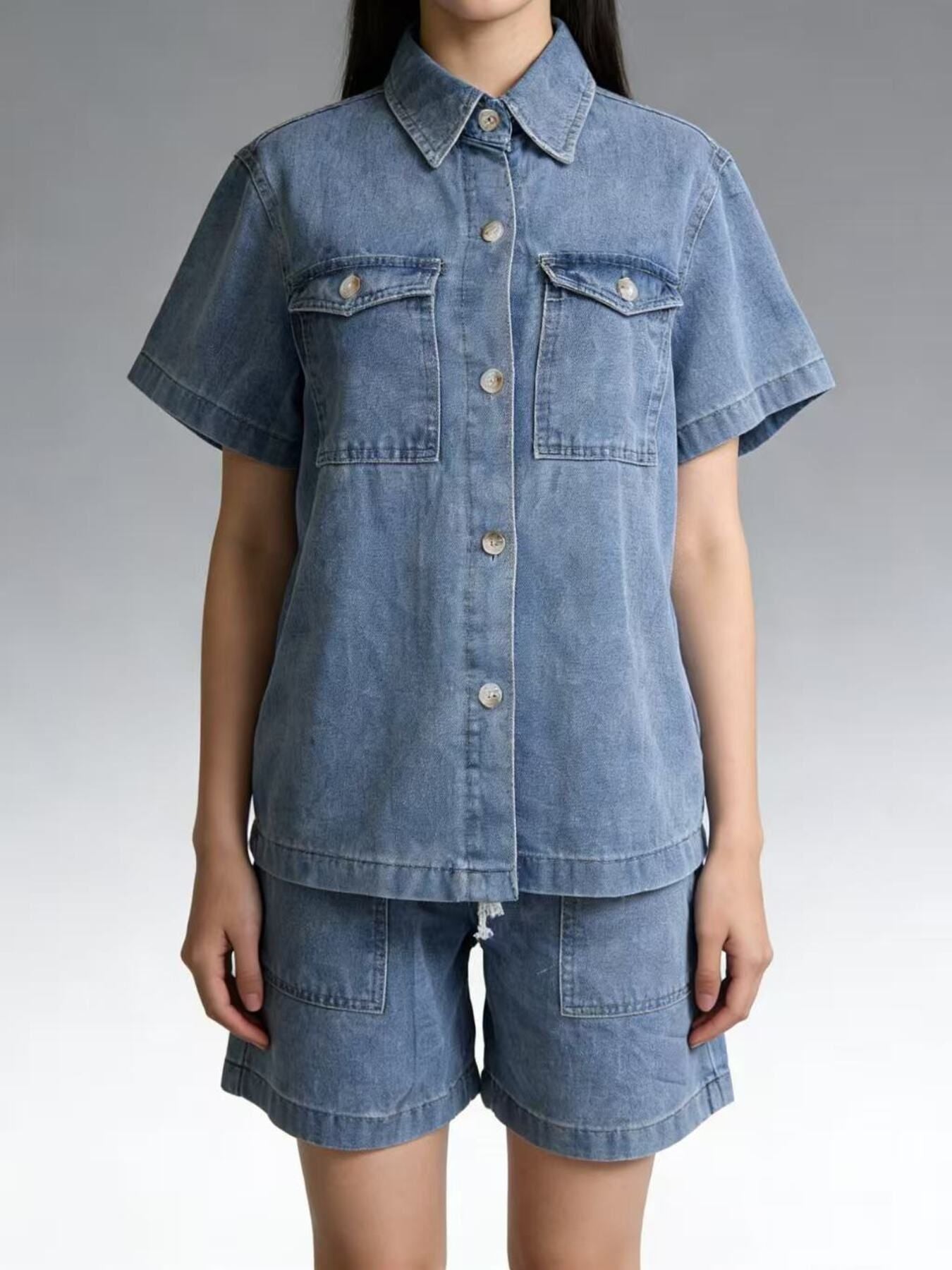 Button Up Short Sleeve Top and Shorts Denim Set by Dreamy Drapes