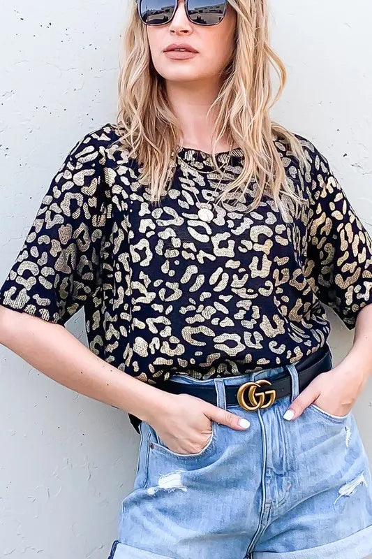 And The Why Leopard Foil-Print Sweater in Black