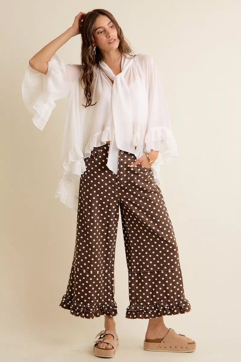 So Me Sheer Ruffle Bell-Sleeve Blouse in White