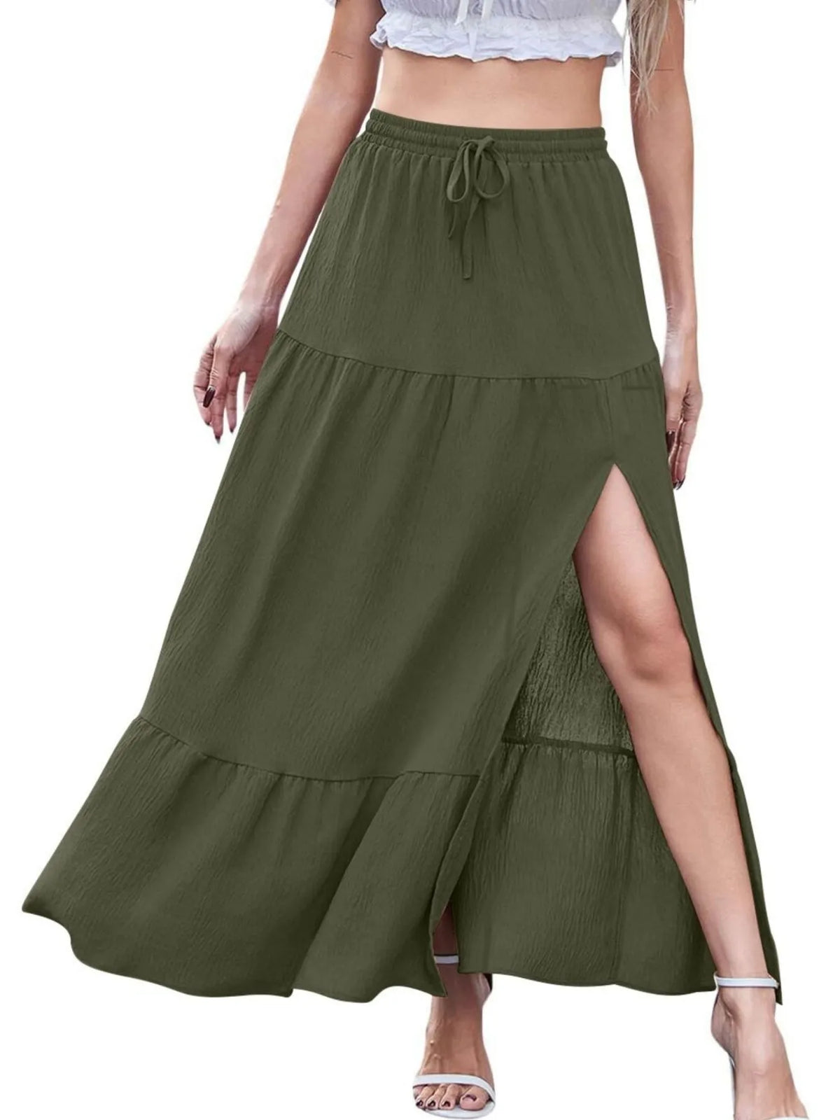 Tiered Ruffled Slit Maxi Skirt