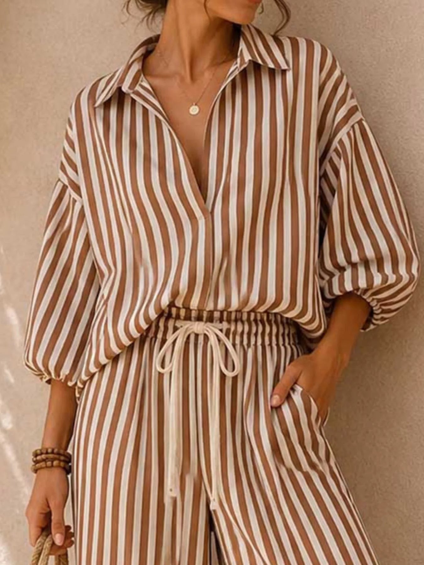 Striped Puff-Sleeve Top and Wide-Leg Pants Set