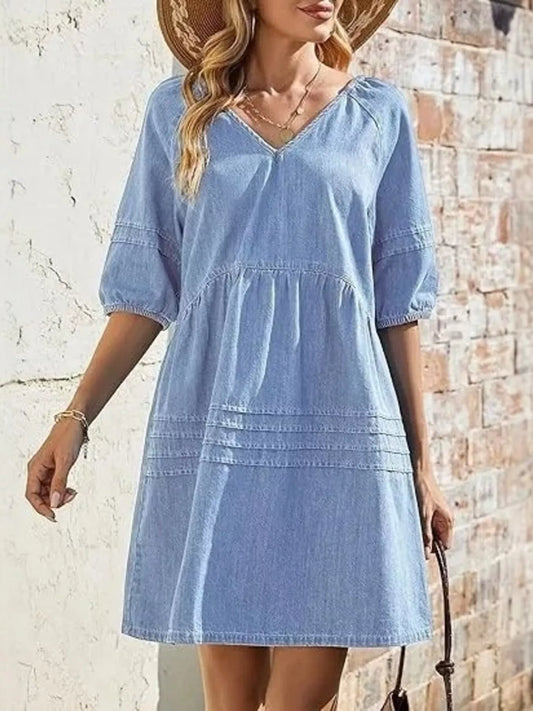 V-Neck Puff Sleeve Denim Mini Dress
