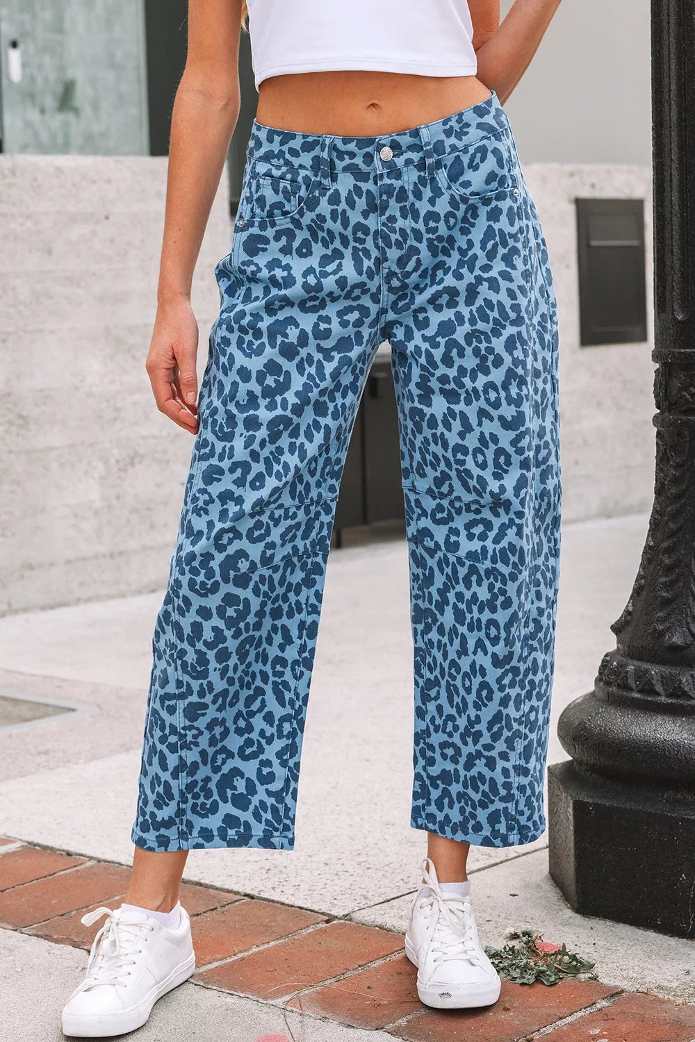 Leopard Print Barrel Leg Jeans in Cerulean