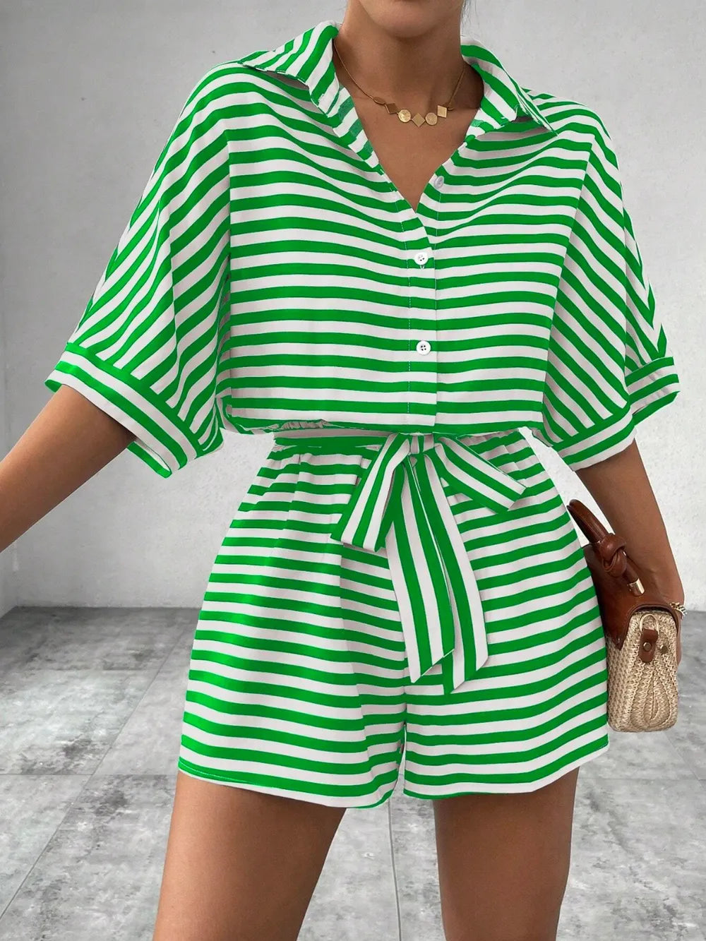 Half-Button Tie Waist Striped Romper