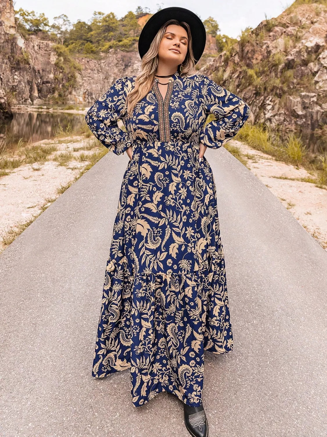 Floral Print Long Sleeve Maxi Dress in Dark Blue
