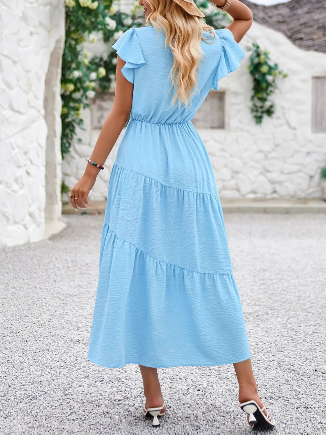 V-Neck Ruffle Sleeve Dress by Golden Gueen