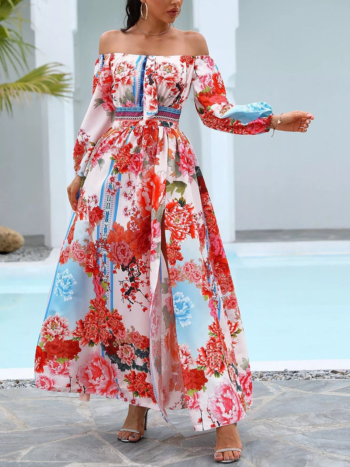 Printed Off-Shoulder Maxi Dress with Slit