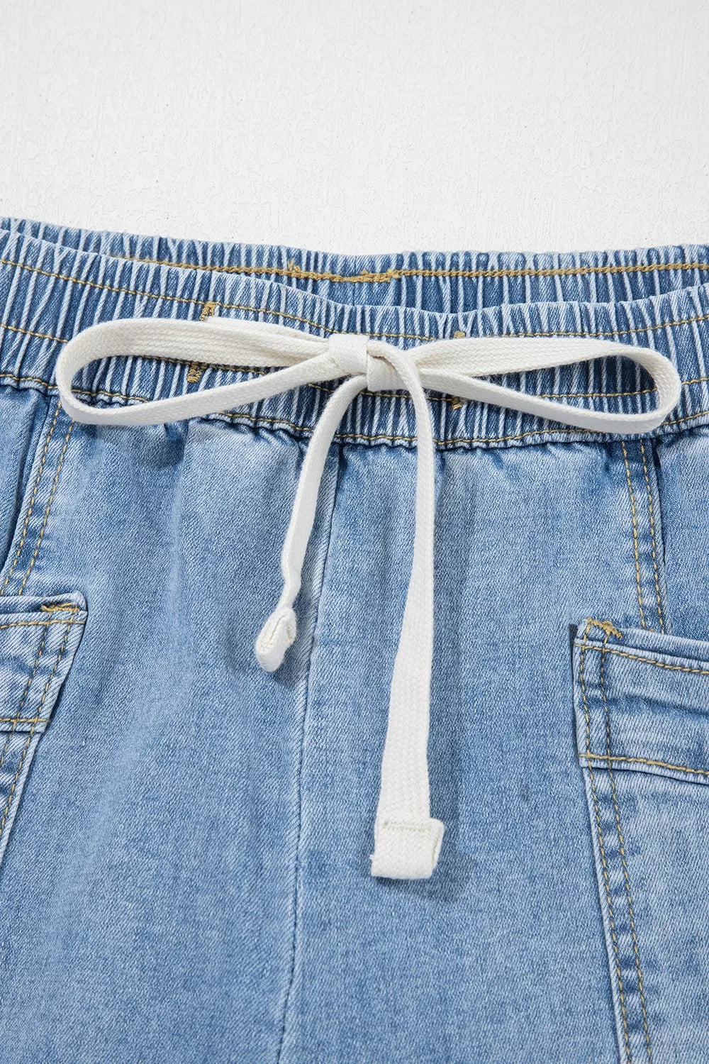 Drawstring Wide Leg Ankle Jeans in Light Blue
