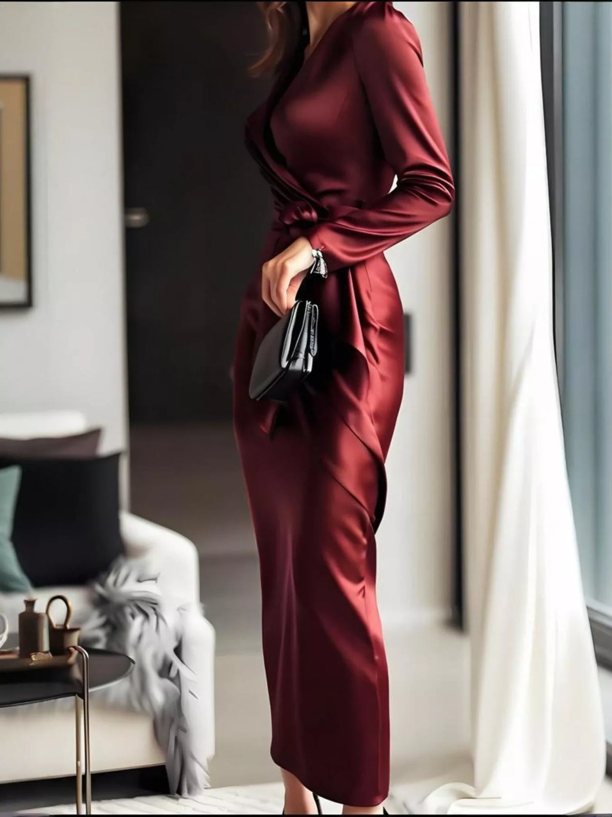 Surplice Satin Dress in Red