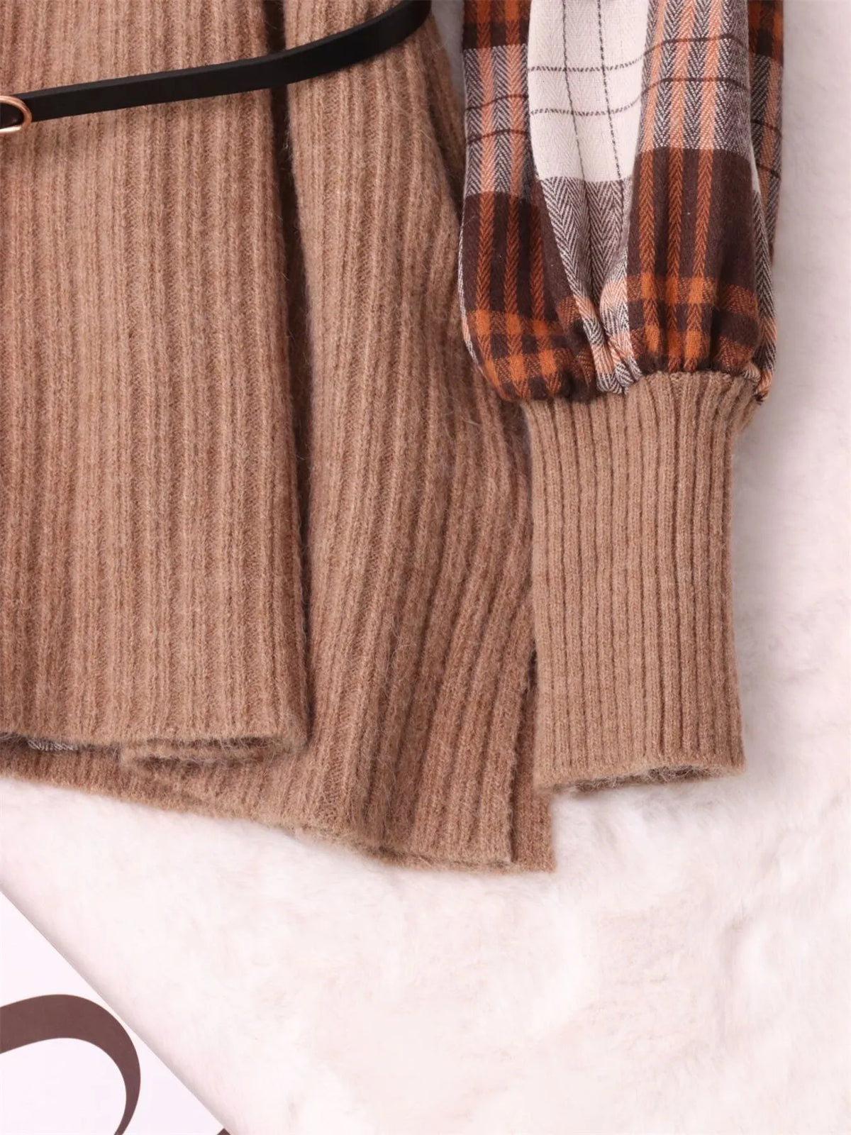 Plaid Long Sleeve Belted Sweater Dress