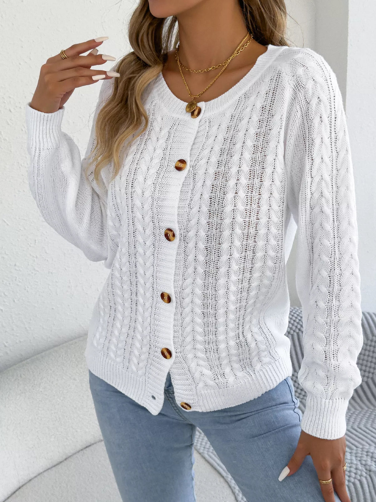 Cable-Knit Button-Front Cardigan by Clise