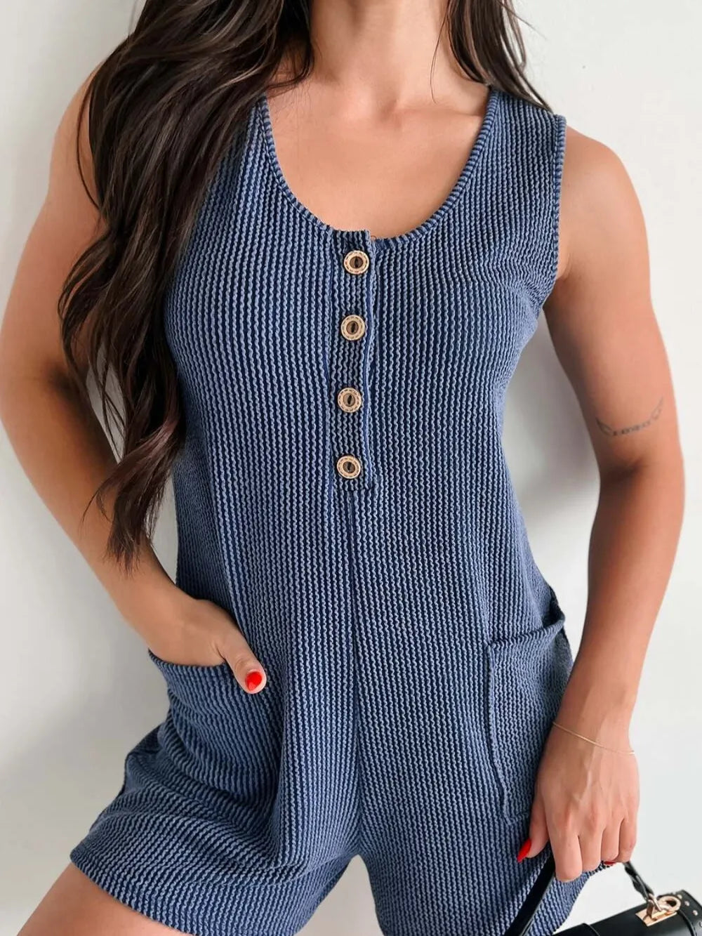 Textured Wide Strap Romper with Buttons