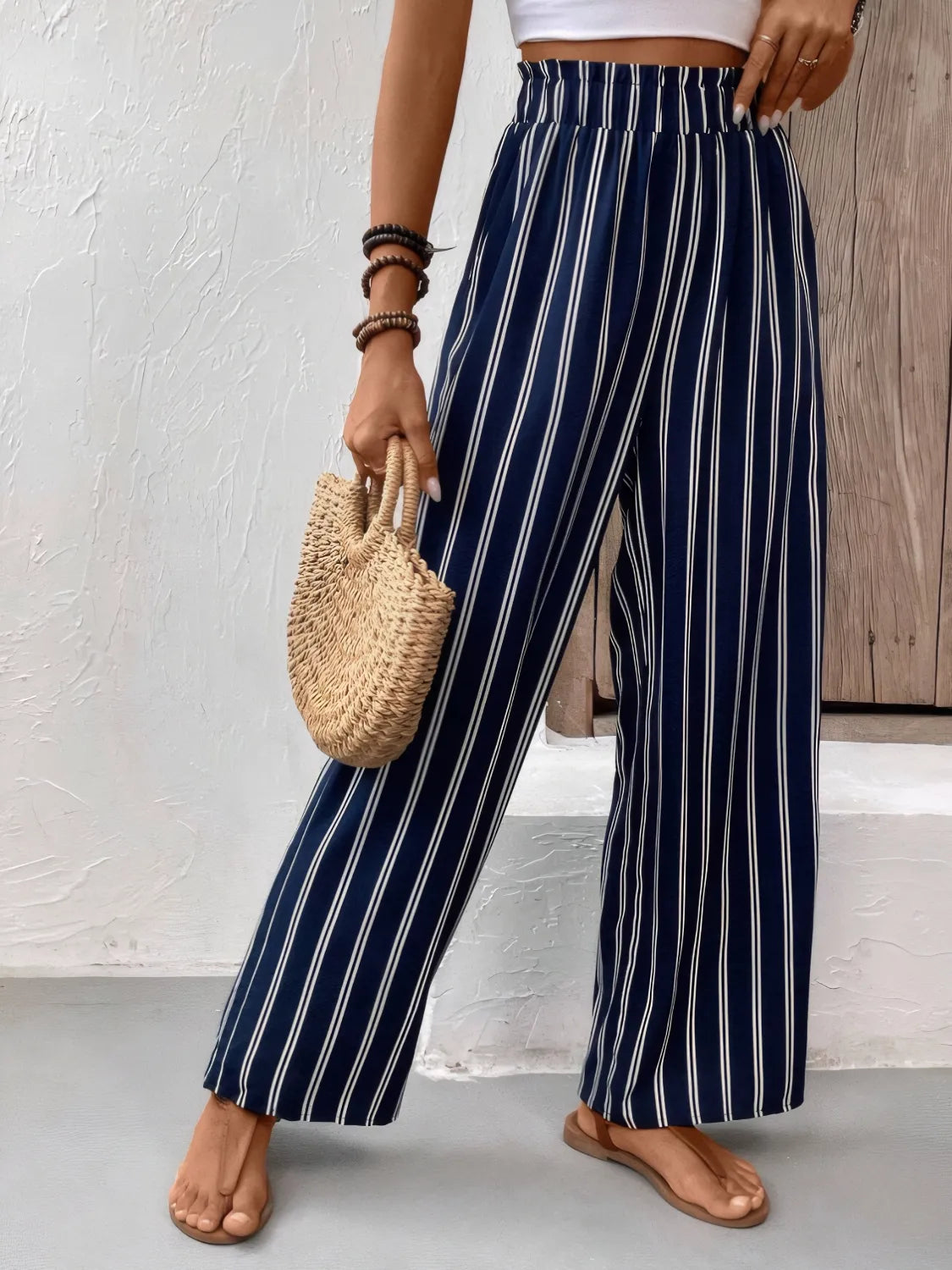 Striped Wide Leg Pants in Dark Navy