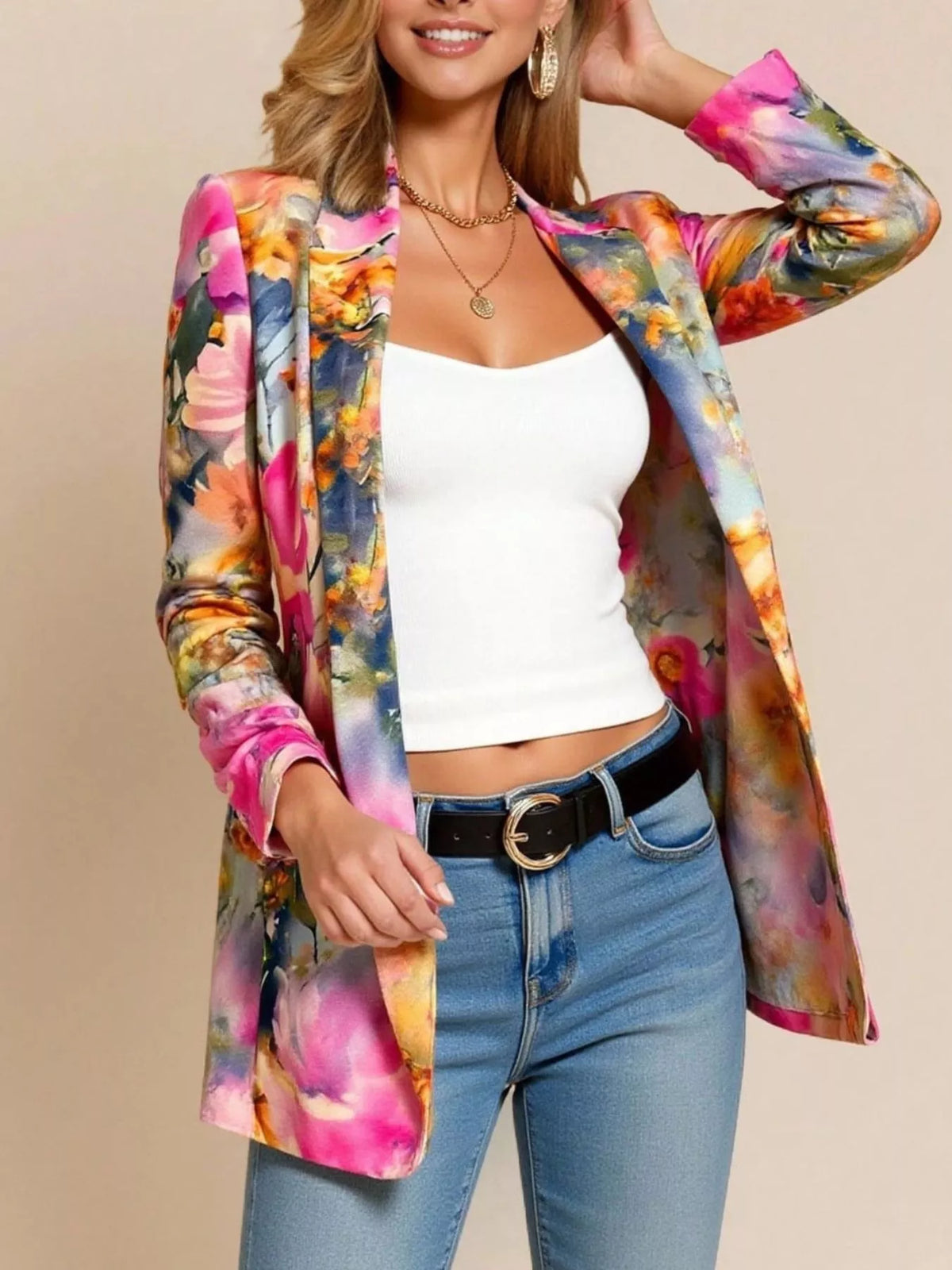 Floral Print Button-Up Blazer in Hot Pink