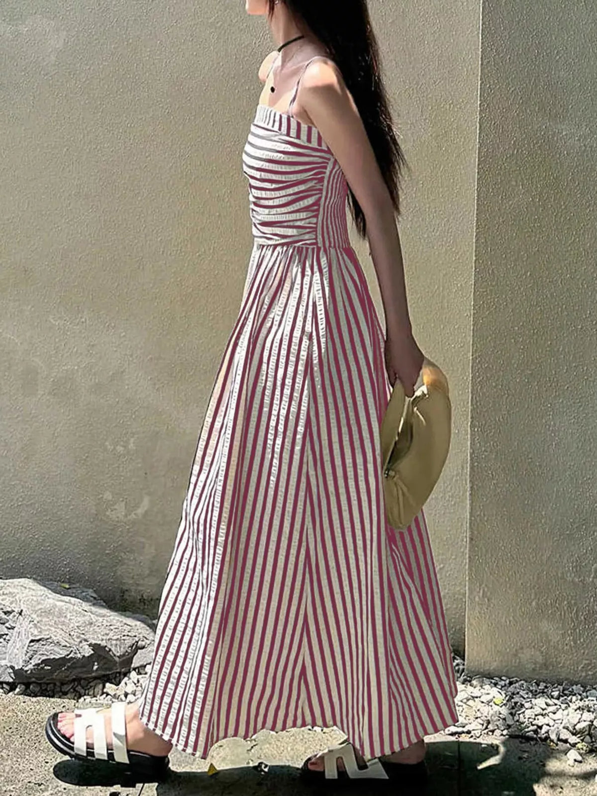 Striped Spaghetti-Strap A-Line Maxi Dress