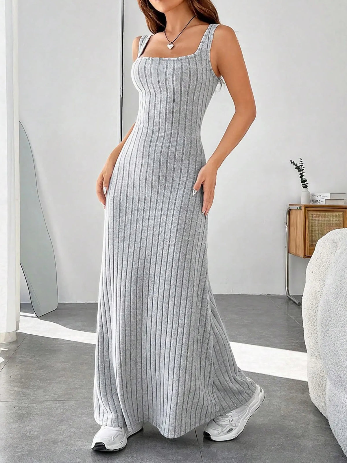 Ribbed Knit Square Neck Maxi Dress