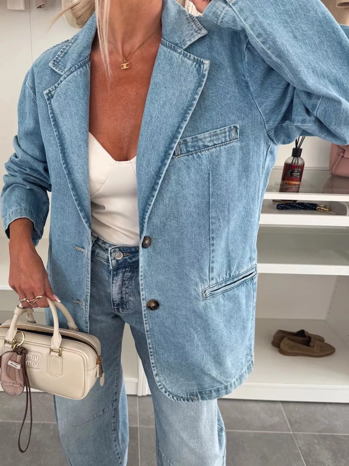 Lapel Collar Denim Jacket in Light Blue