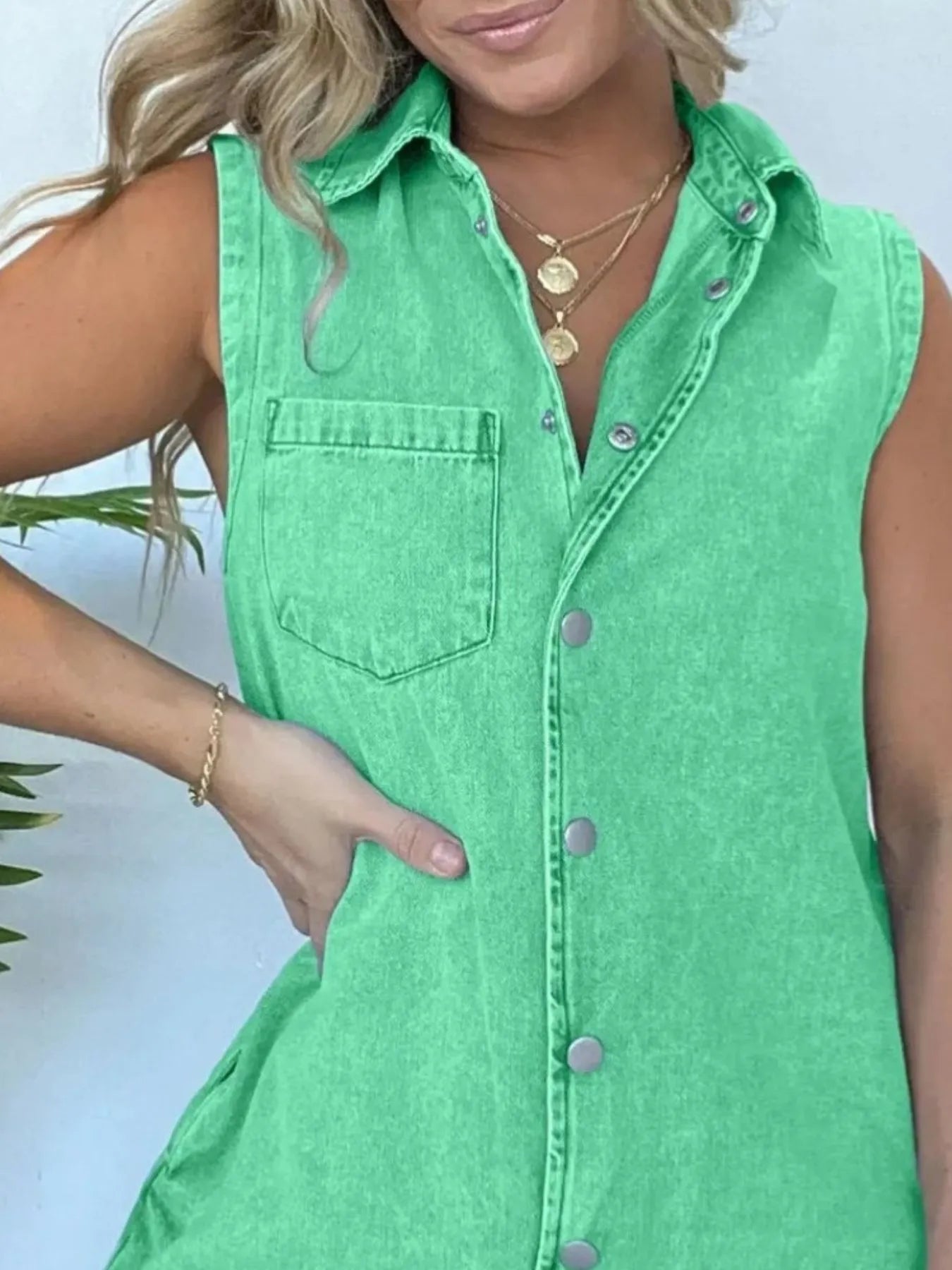 Button-Front Sleeveless Denim Romper