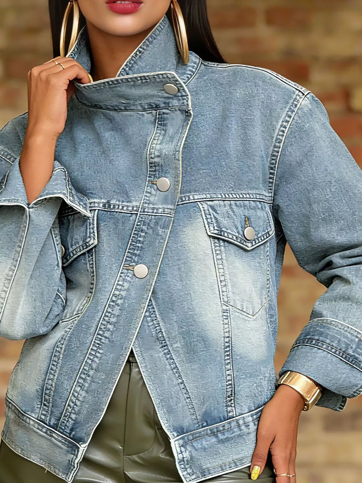Asymmetric Button-Up Denim Jacket in Light Blue