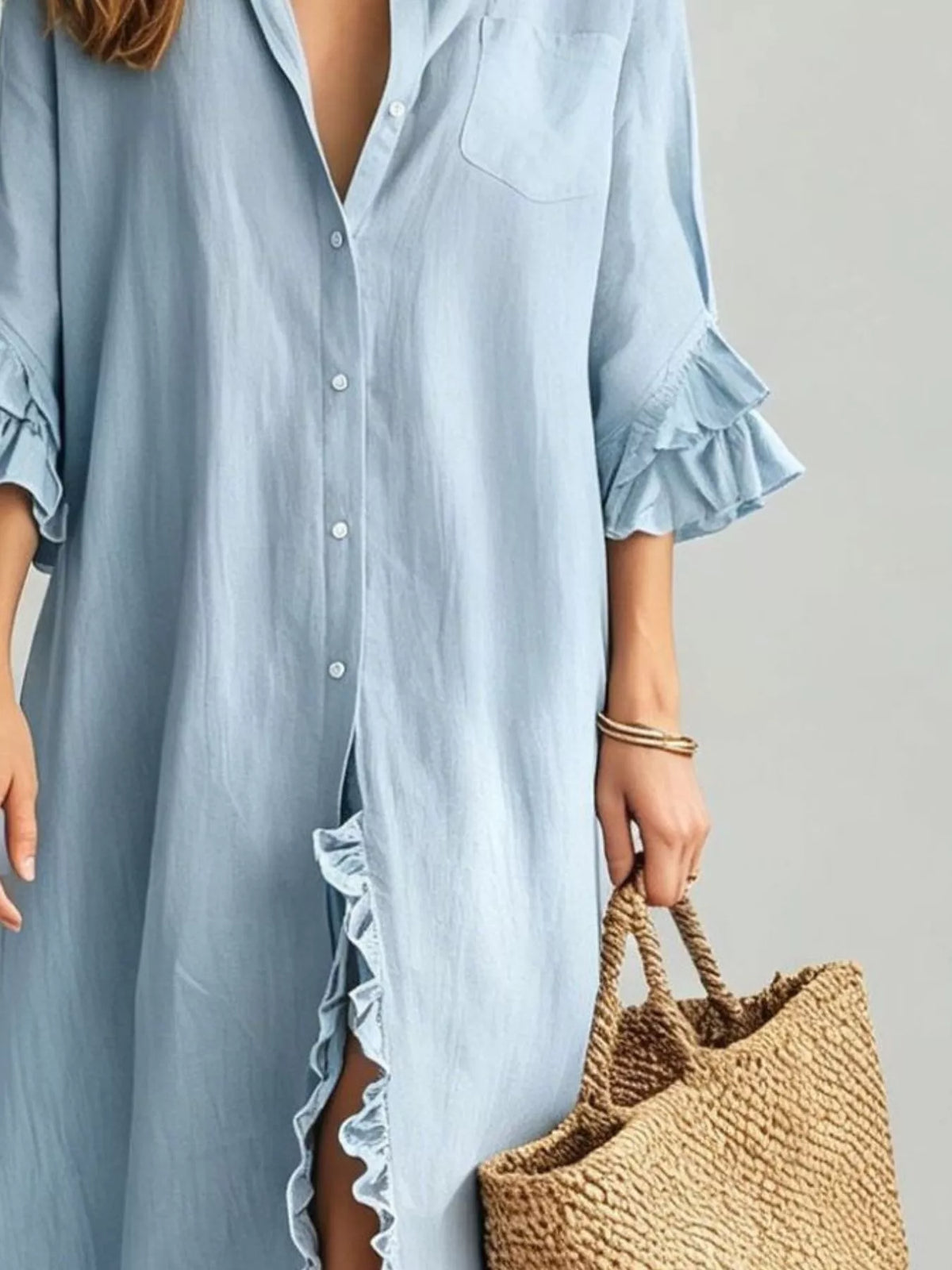 Ruffled Trim Button-Down Maxi Shirt Dress