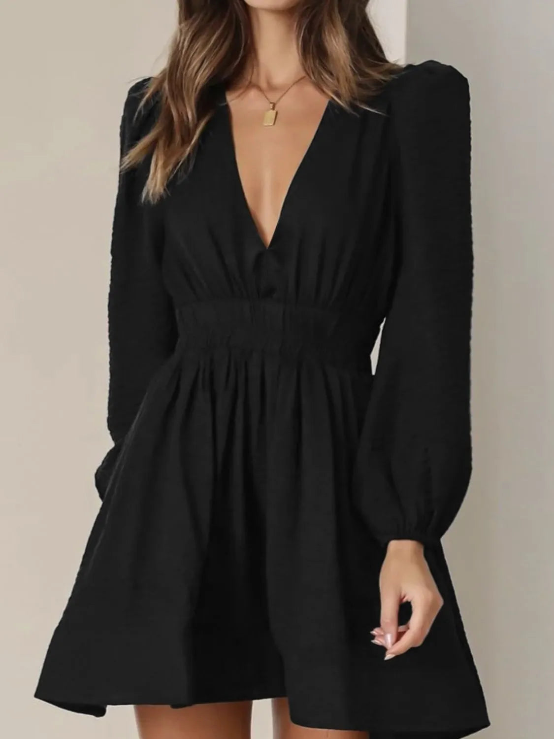 Ruched V-Neck Balloon-Sleeve Mini Dress