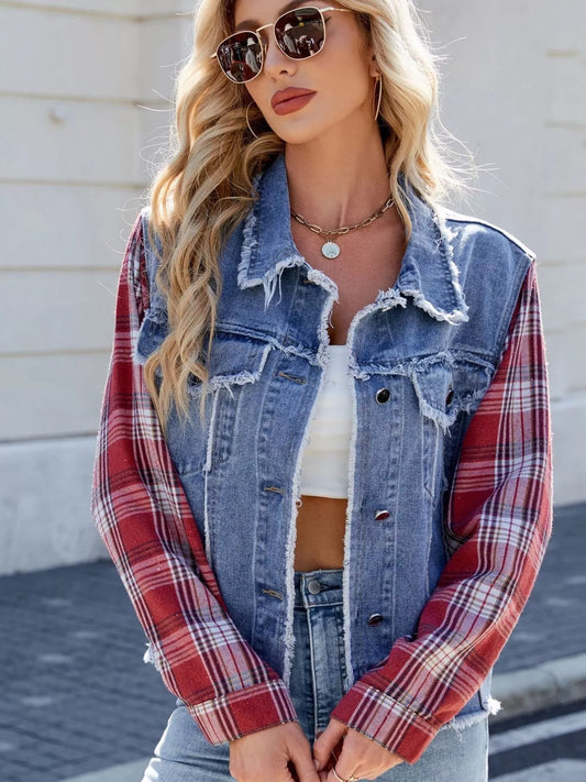 Raw Hem Plaid Sleeve Denim Jacket in Dusty Blue by Moni Wear