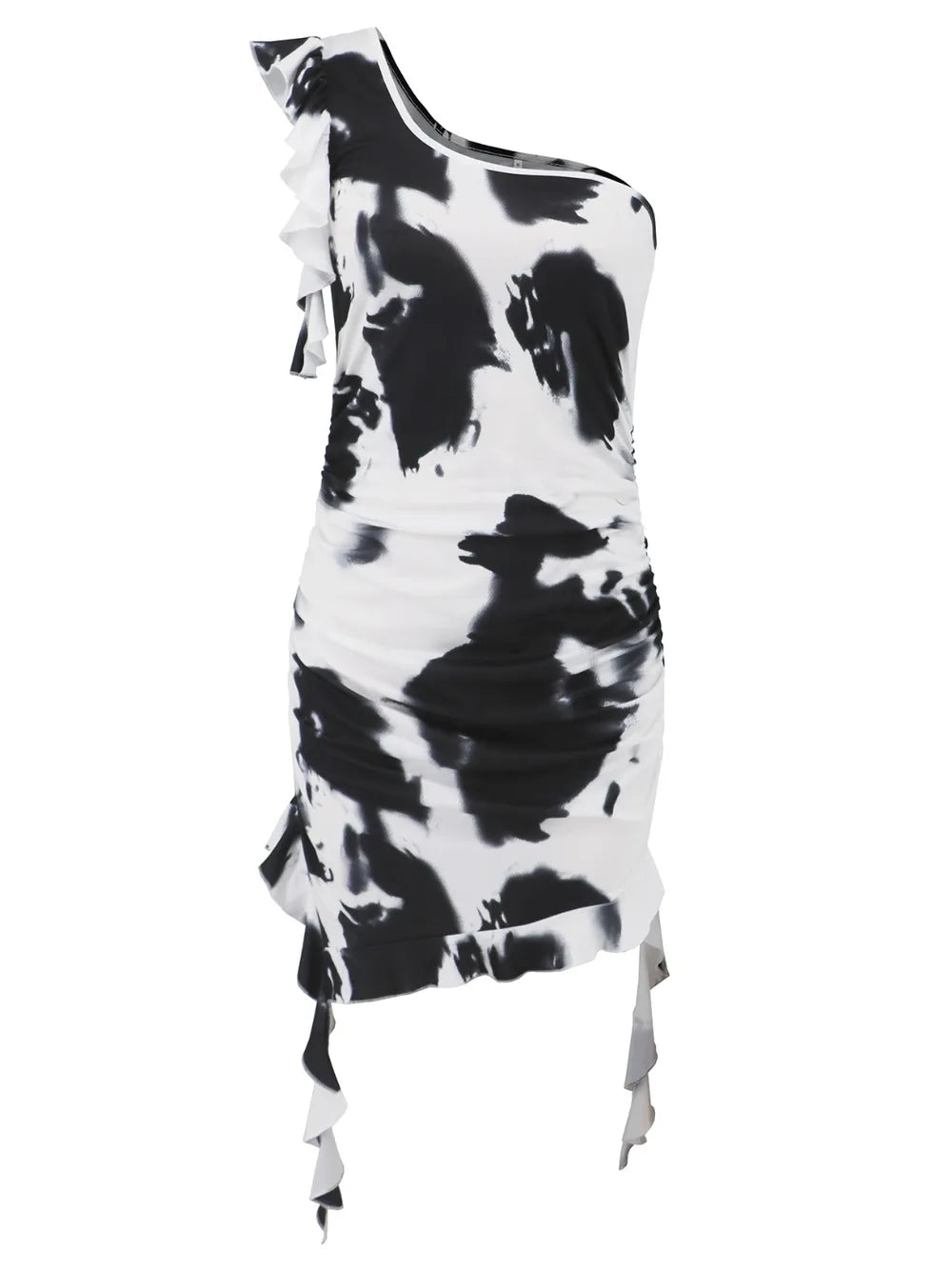 Ruffled Tie-Dye Single-Shoulder Mini Dress