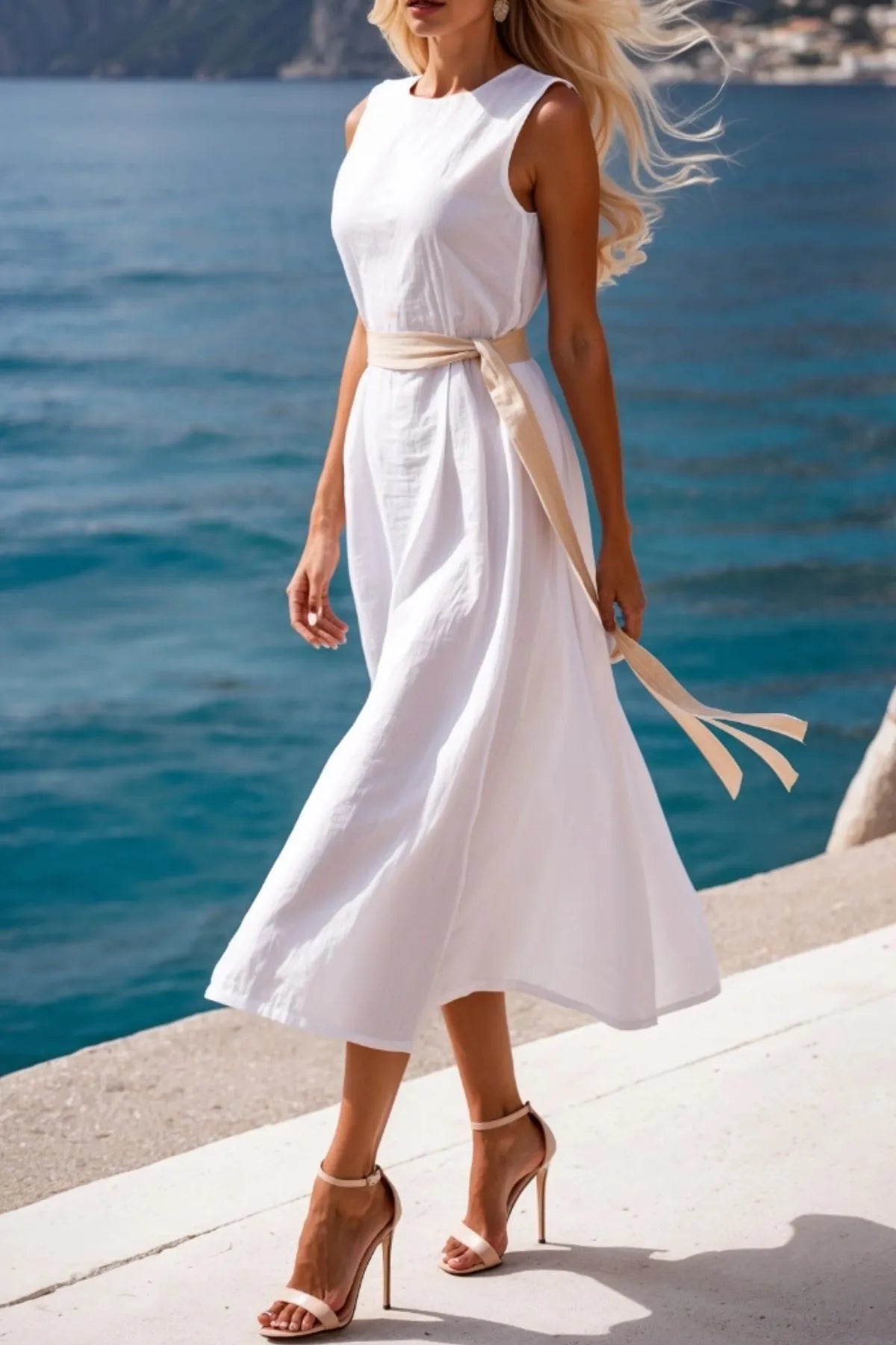Round Neck Sleeveless Midi Dress in White