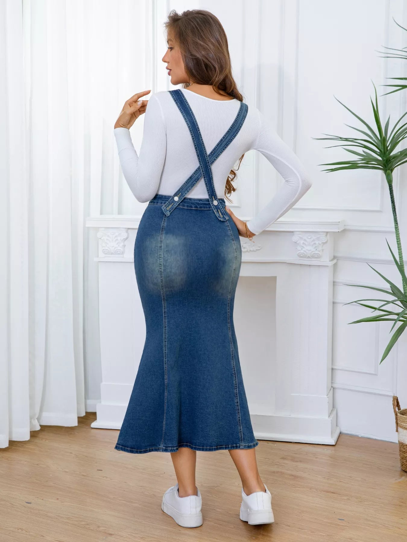 Button-Front Fishtail Denim Overall Dress in Blue by Lone Star Lady