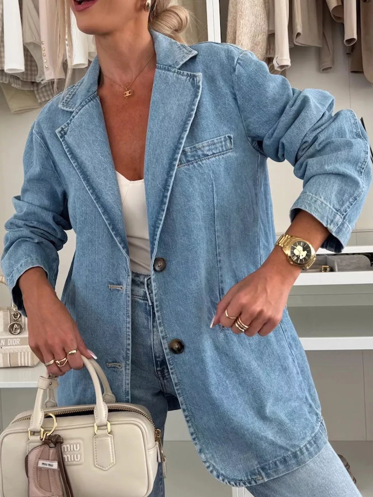 Lapel Collar Denim Jacket in Light Blue