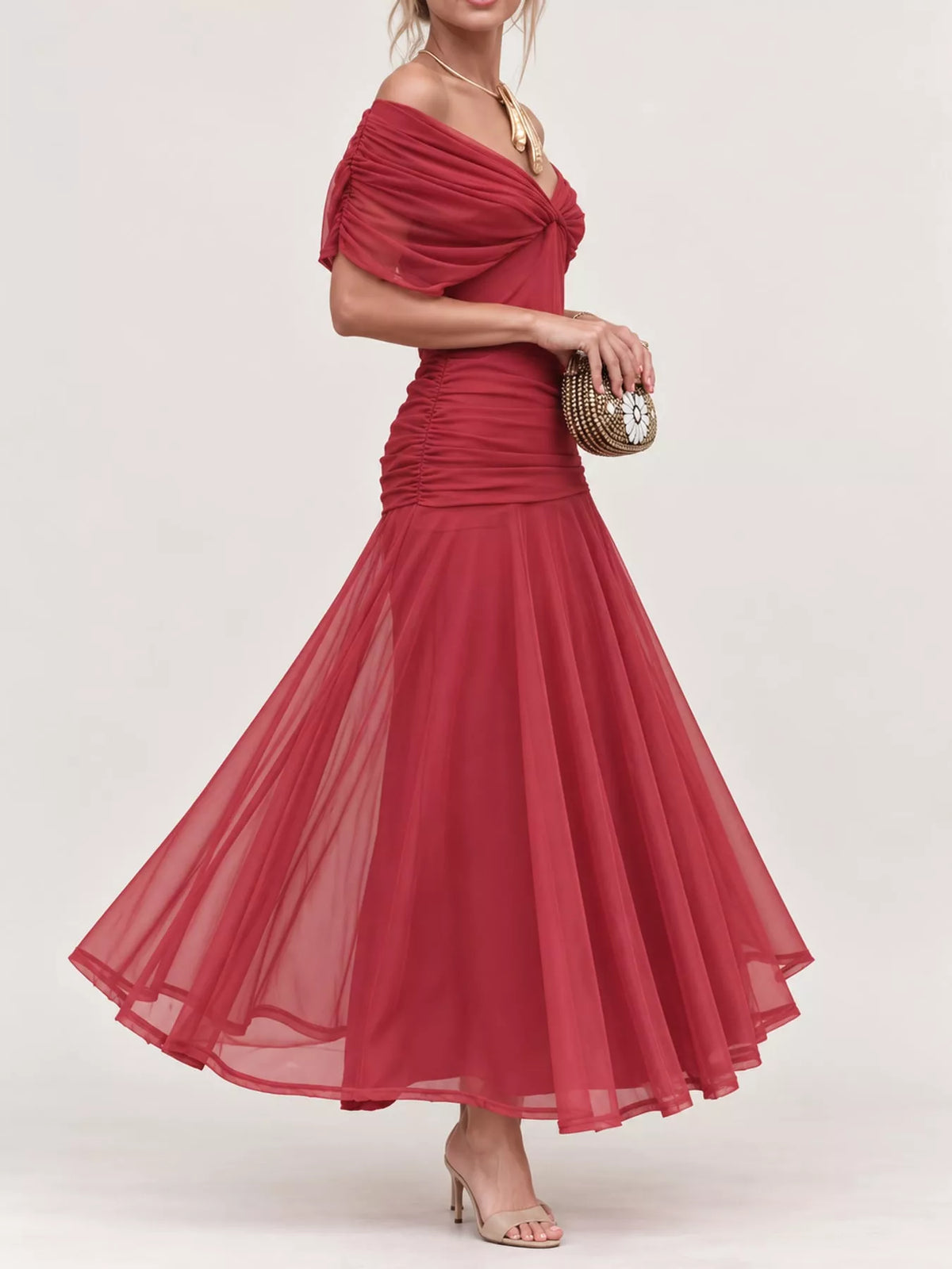 Off-Shoulder Ruched Tulle Evening Maxi Dress