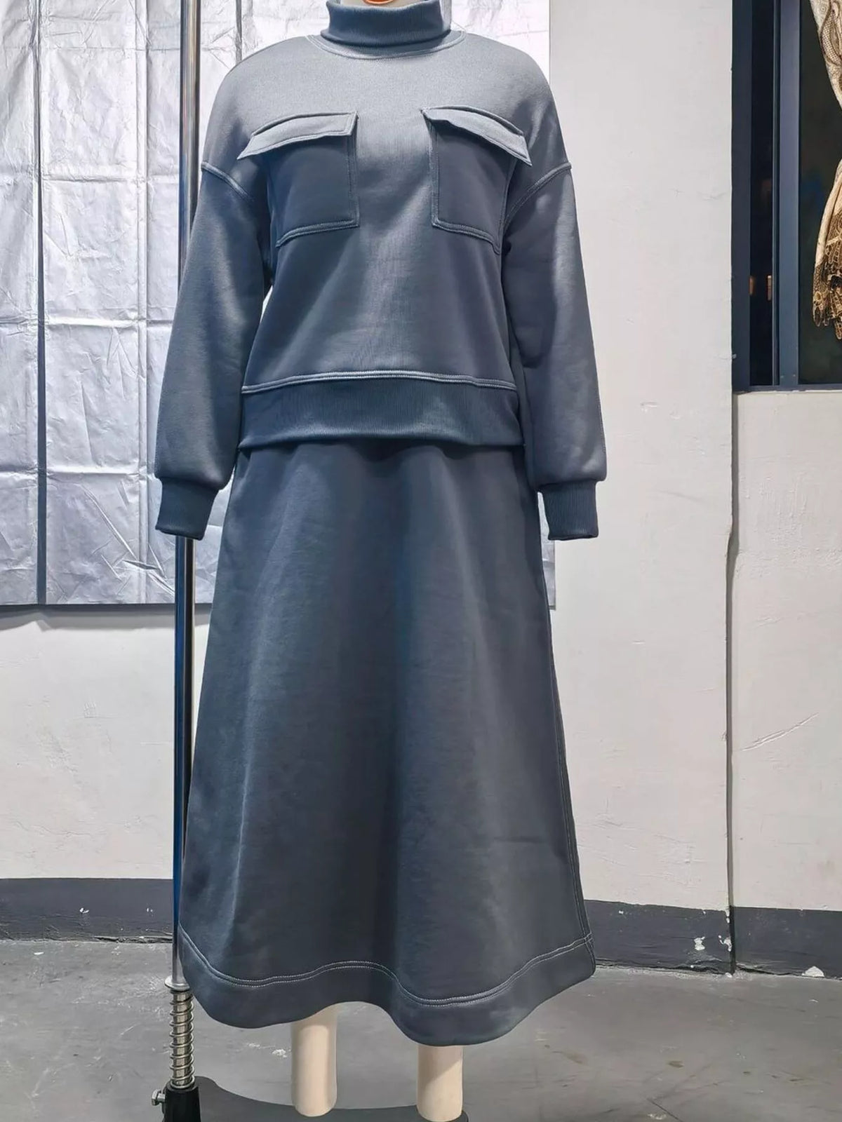 Turtleneck Knit Top and Midi Skirt Set