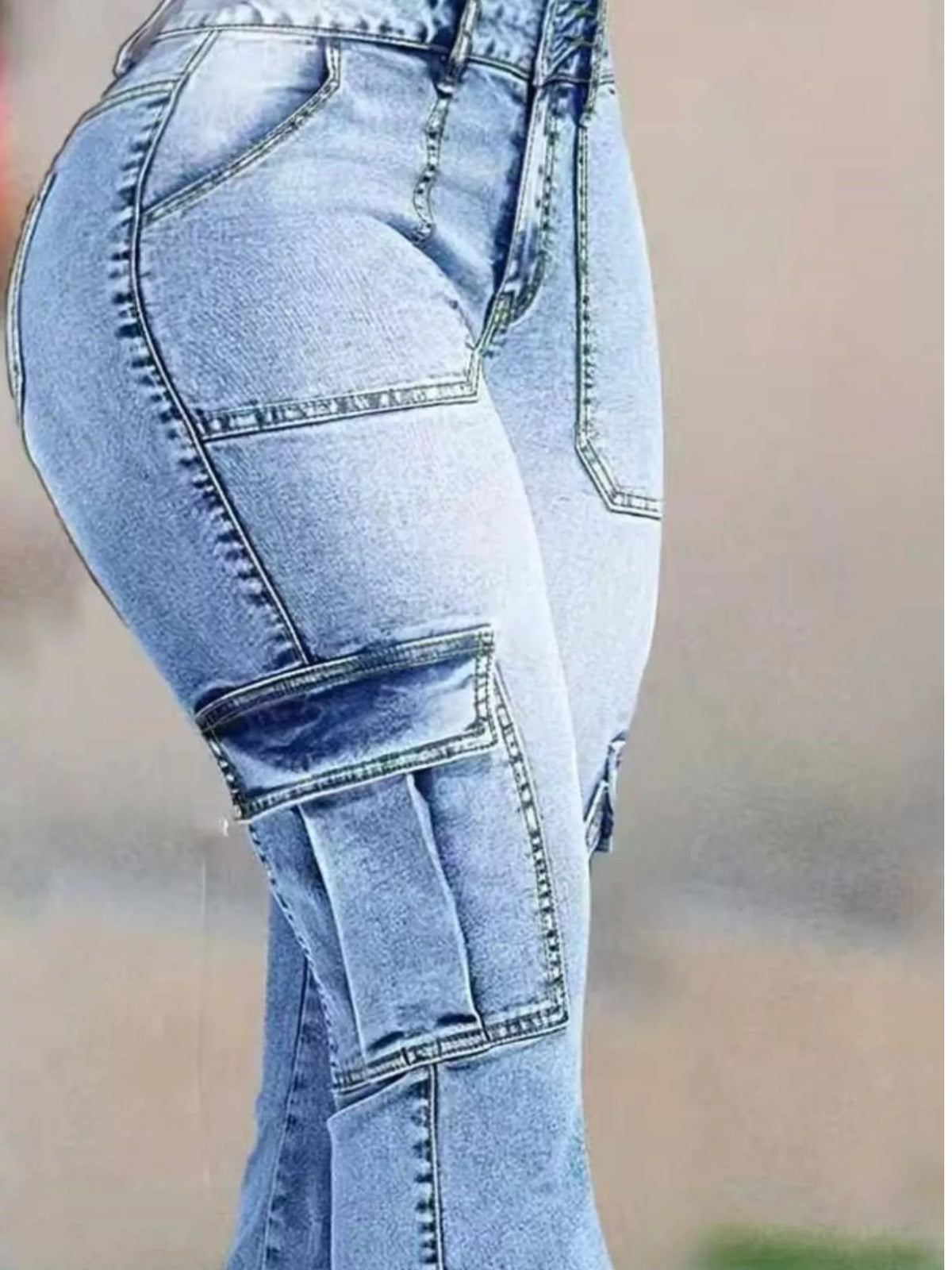 Flare Leg Cargo Jeans in Light Blue