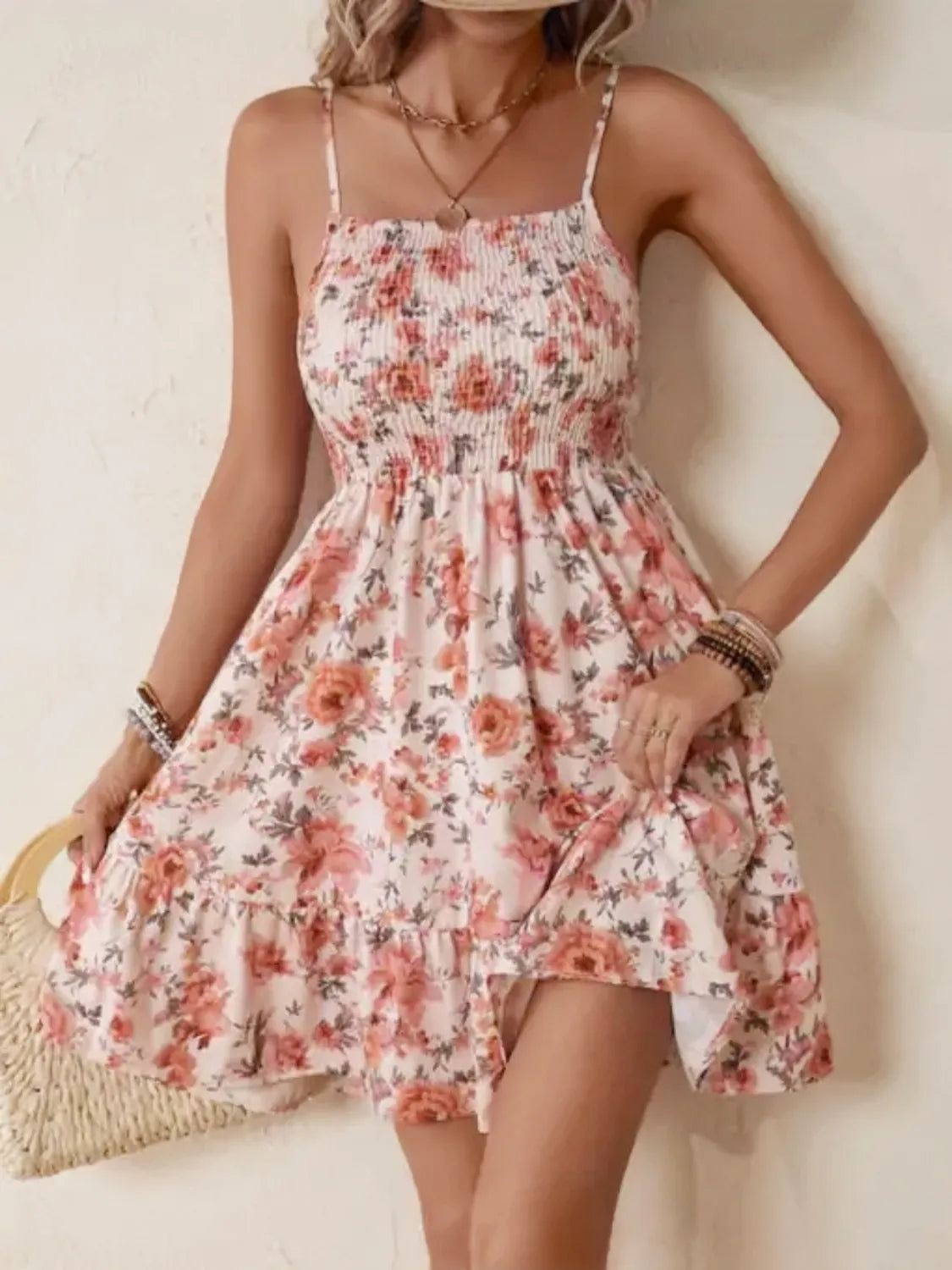 Smocked Square Neck Cami Dress in Floral